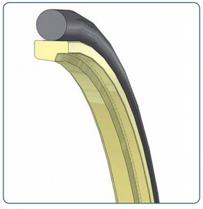 Joint composite simple effet pour gorges type ISO 7425/1. Les joints DANASTEP® sont composés d'un patin d'étanchéité dynamique profilé et d'un joint torique énergisant en élastomère.